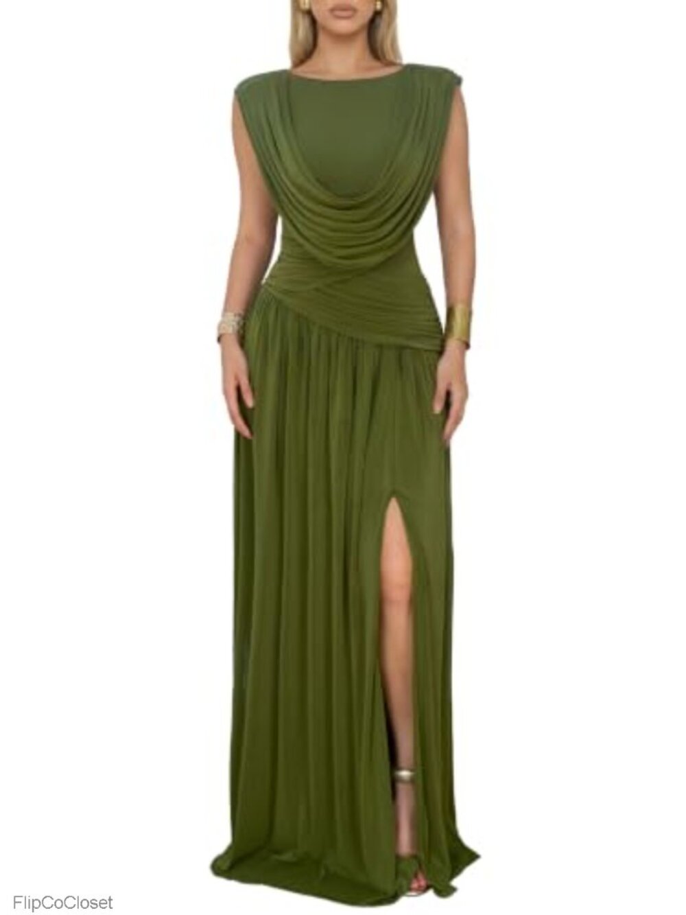Convertible Cowl Neck Sleeveless Maxi Dress Slit Bodycon Ruched Mesh Evening
